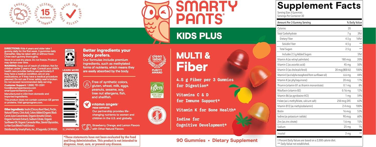 image:imageSmartyPants Kids Multivitamin amp Fiber Gummies Prebiotic Fiber to Support Kids Digestion with Vitamin D3 C Vitamin B12 B6 A Zinc Biotin Folate Three Fruit Flavors 90 Count 30 Day SupplyNew Formula
