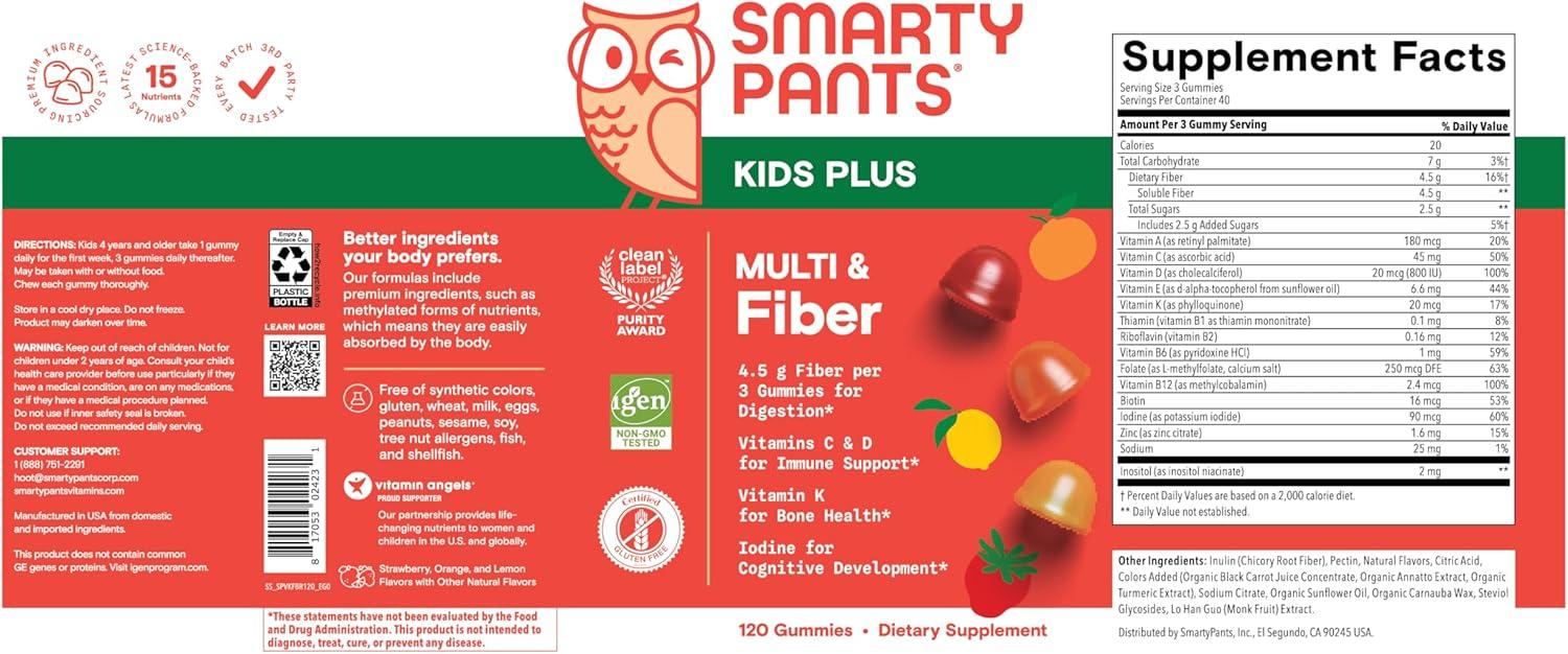 image:imageSmartyPants Kids Multivitamin amp Fiber Gummies Prebiotic Fiber to Support Kids Digestion with Vitamin D3 C Vitamin B12 B6 A Zinc Biotin Folate Three Fruit Flavors 90 Count 30 Day SupplyNew Formula