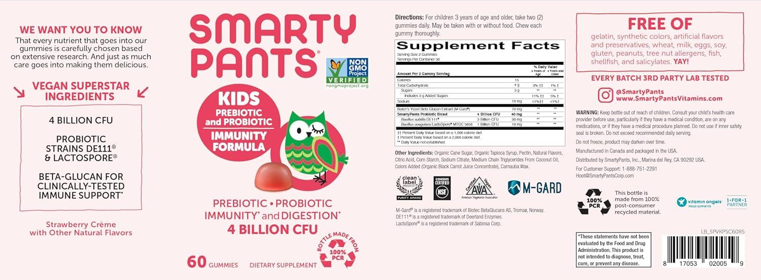 image:imageSmartyPants Kids Probiotic amp Prebiotic Gummies for Digestive Health Gut Health Supplement Clinically Studied Prebiotic for Immune Support Strawberry 60 Count 30 Day Supply1 Count Pack of 1