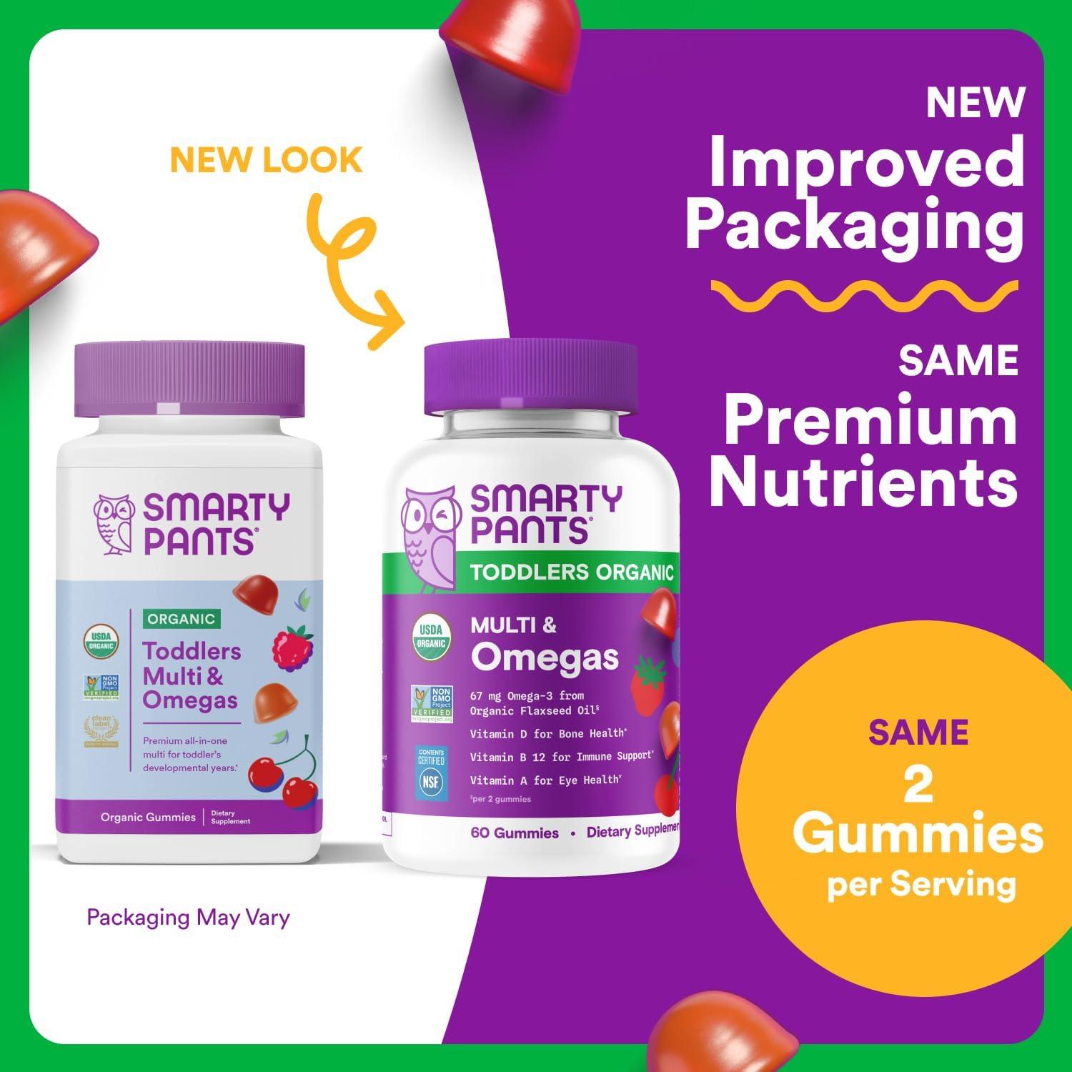 image:imageSmartyPants Organic Toddler Multivitamin Gummies Probiotics Omega 3 ALA Vitamin D3 C Vitamin B12 B6 A K amp Zinc Beta Carotene Gluten Free Three Fruit Flavors 60 Count 30 Day Supply1 Count Pack of 1