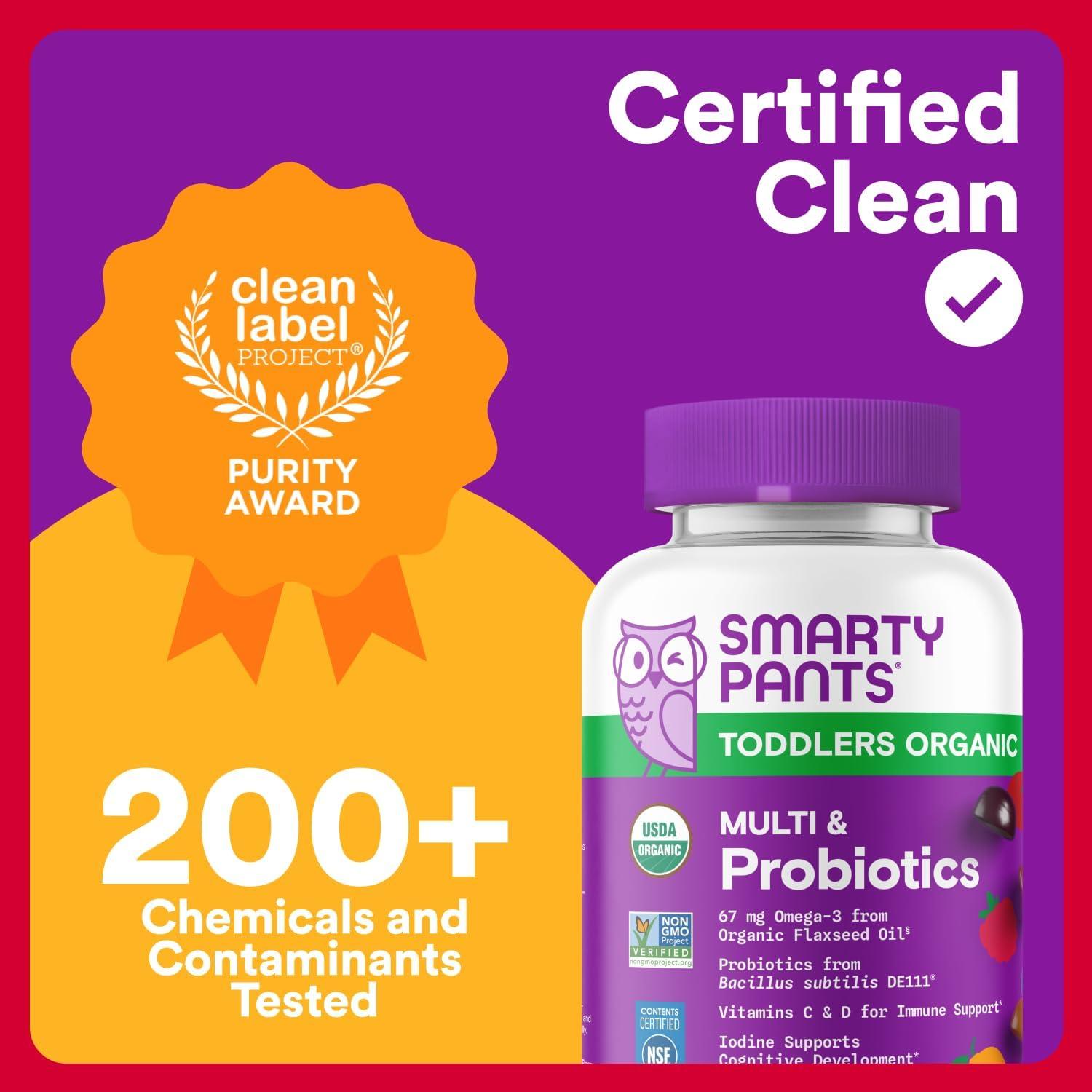 image:imageSmartyPants Organic Toddler Multivitamin Gummies Probiotics Omega 3 ALA Vitamin D3 C Vitamin B12 B6 A K amp Zinc Beta Carotene Gluten Free Three Fruit Flavors 60 Count 30 Day Supply60 Count Pack of 1