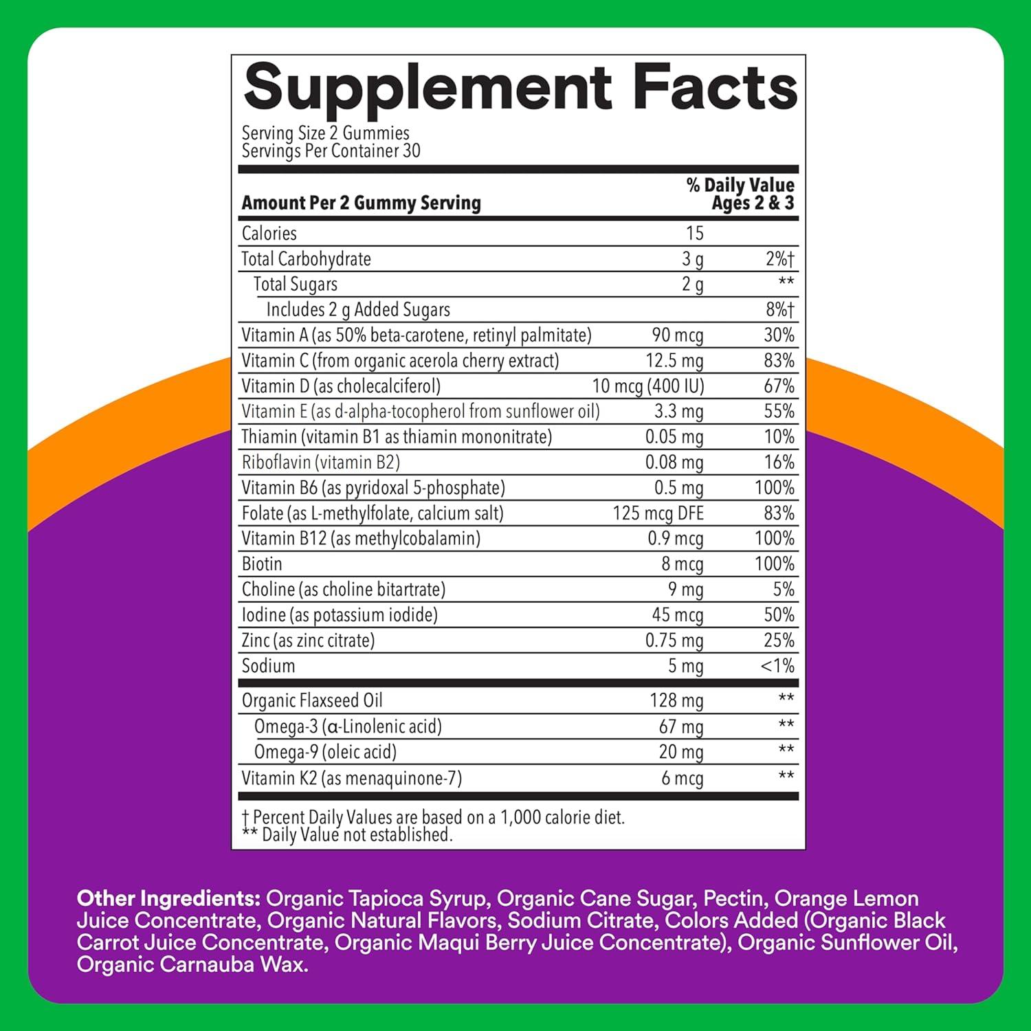 image:imageSmartyPants Organic Toddler Multivitamin Gummies Probiotics Omega 3 ALA Vitamin D3 C Vitamin B12 B6 A K amp Zinc Beta Carotene Gluten Free Three Fruit Flavors 60 Count 30 Day Supply1 Count Pack of 1