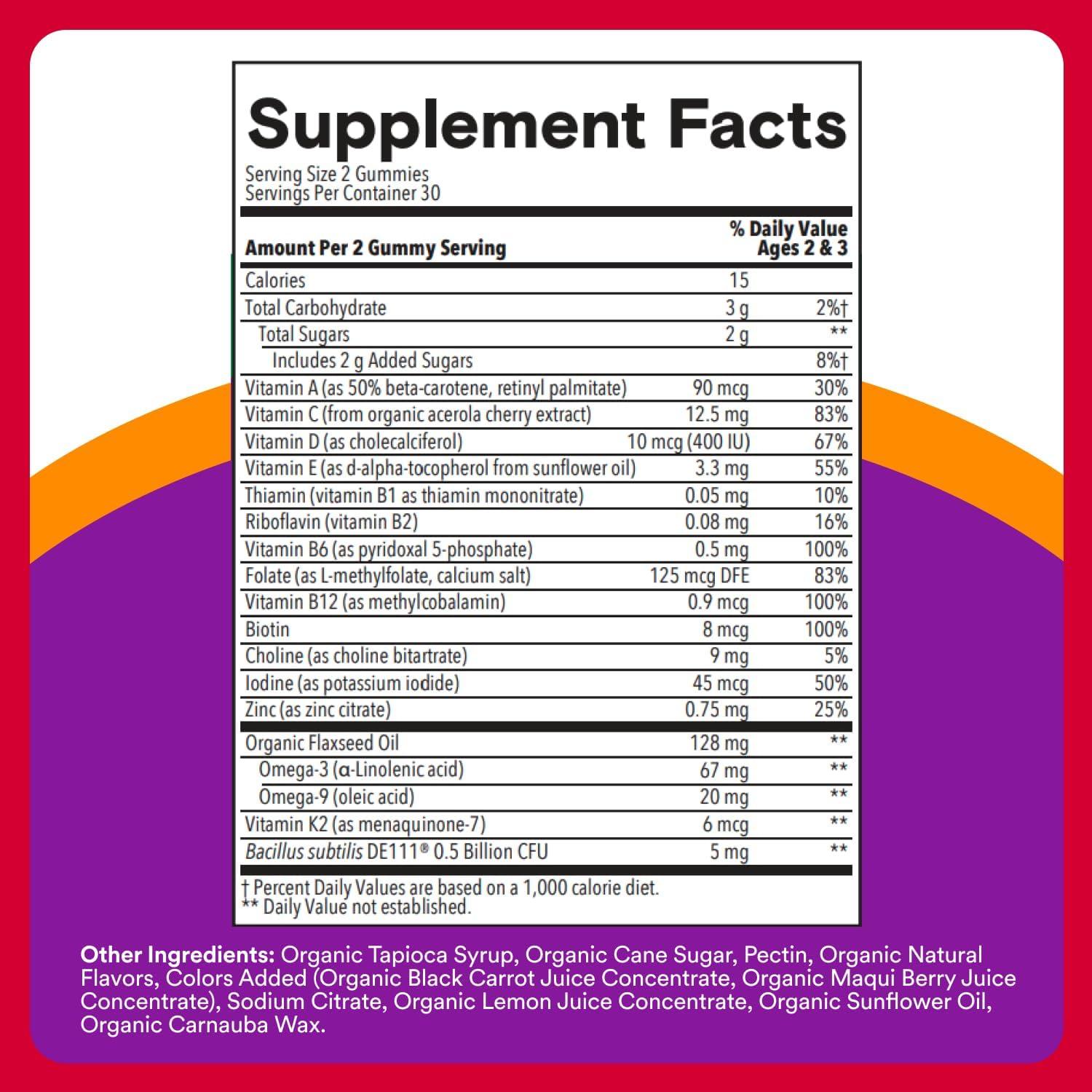 image:imageSmartyPants Organic Toddler Multivitamin Gummies Probiotics Omega 3 ALA Vitamin D3 C Vitamin B12 B6 A K amp Zinc Beta Carotene Gluten Free Three Fruit Flavors 60 Count 30 Day Supply60 Count Pack of 1