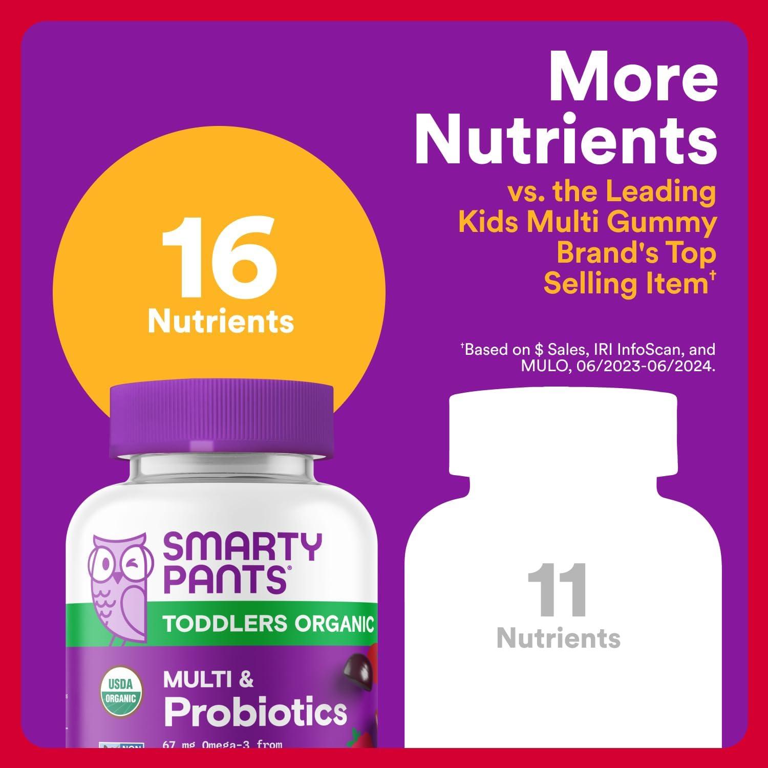image:imageSmartyPants Organic Toddler Multivitamin Gummies Probiotics Omega 3 ALA Vitamin D3 C Vitamin B12 B6 A K amp Zinc Beta Carotene Gluten Free Three Fruit Flavors 60 Count 30 Day Supply60 Count Pack of 1