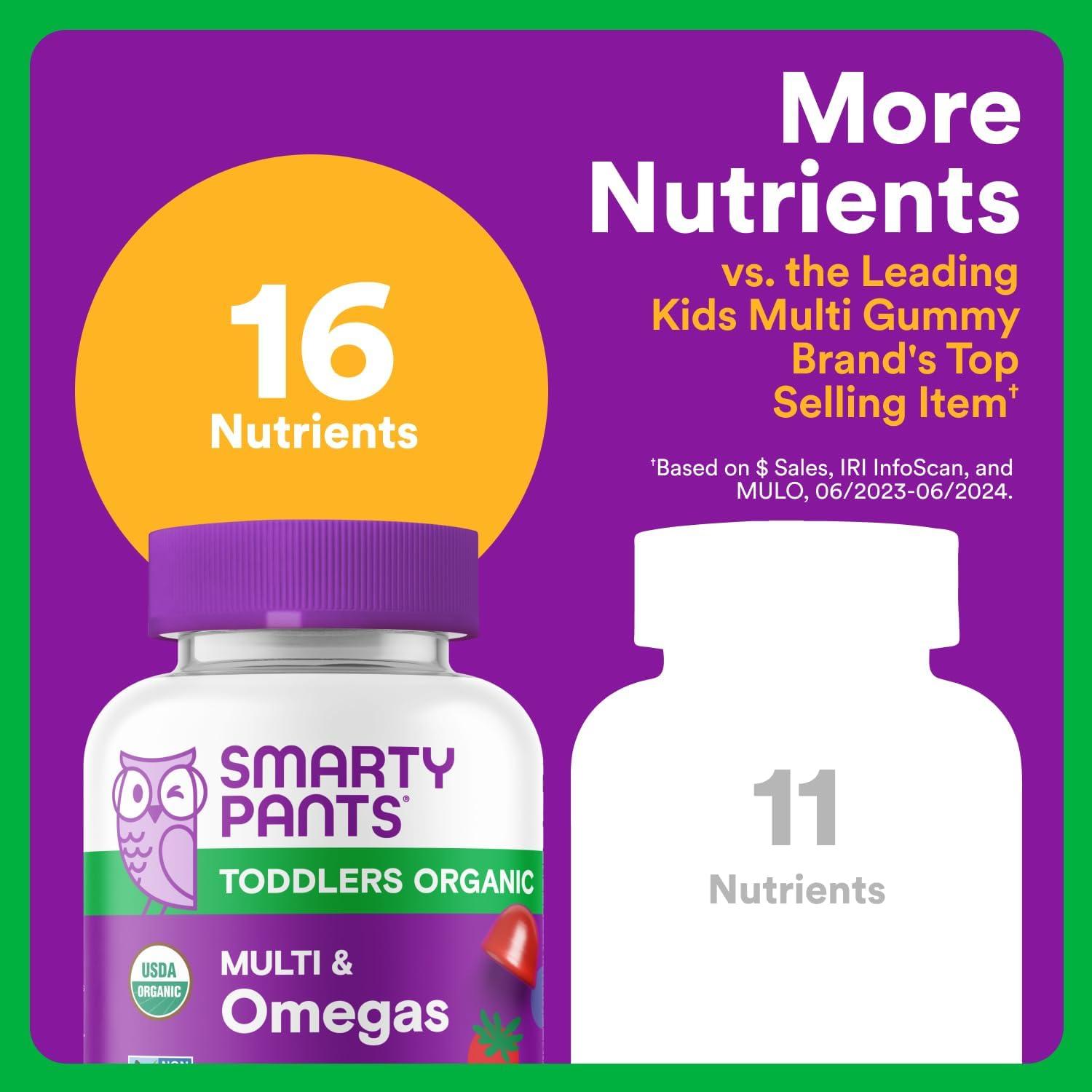 image:imageSmartyPants Organic Toddler Multivitamin Gummies Probiotics Omega 3 ALA Vitamin D3 C Vitamin B12 B6 A K amp Zinc Beta Carotene Gluten Free Three Fruit Flavors 60 Count 30 Day Supply1 Count Pack of 1