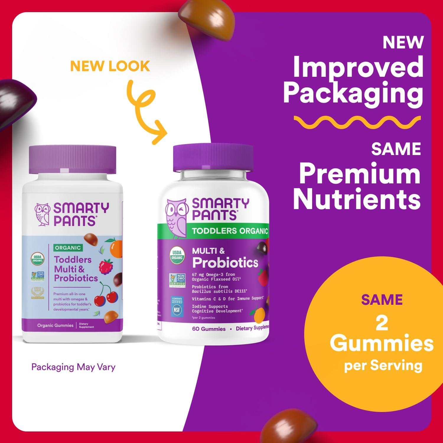 image:imageSmartyPants Organic Toddler Multivitamin Gummies Probiotics Omega 3 ALA Vitamin D3 C Vitamin B12 B6 A K amp Zinc Beta Carotene Gluten Free Three Fruit Flavors 60 Count 30 Day Supply60 Count Pack of 1