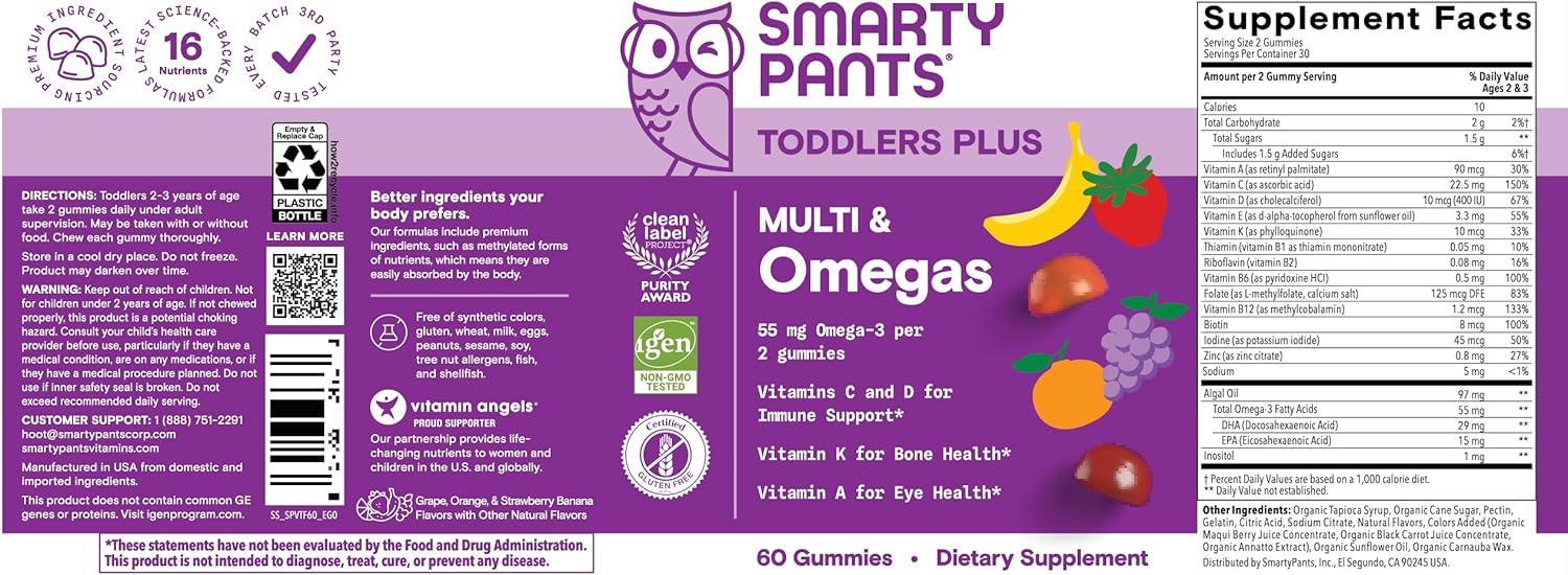 image:imageSmartyPants Toddler Multivitamin Gummies Omega 3 DHAEPA Vitamins D3 C Vitamin B12 B6 A K amp Zinc Biotin Gluten Free Three Fruit Flavors 60 Count 30 Day SupplyNew 30 Day Supply