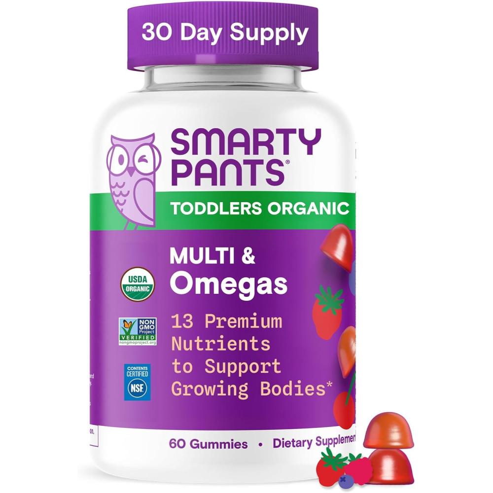 image:imageSmartyPants Organic Toddler Multivitamin Gummies Probiotics Omega 3 ALA Vitamin D3 C Vitamin B12 B6 A K amp Zinc Beta Carotene Gluten Free Three Fruit Flavors 60 Count 30 Day Supply1 Count Pack of 1