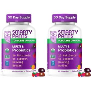 SmartyPants Organic Toddler Multivitamin Gummies: Probiotics, Omega 3 (ALA), Vitamin D3, C, Vitamin B12, B6, A, K & Zinc, Beta Carotene, Gluten Free, Three Fruit Flavors, 60 Count (30 Day Supply)(60 Count (Pack of 2))