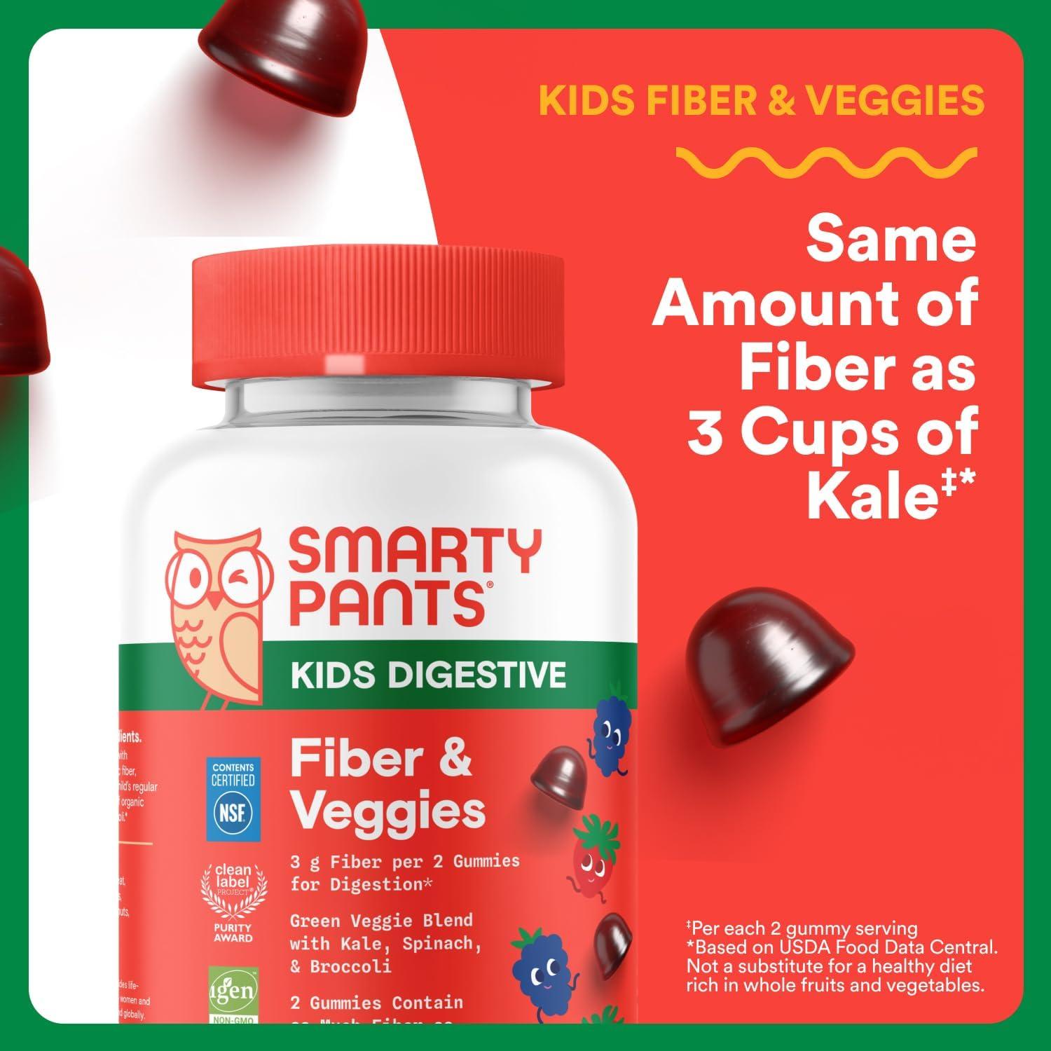 image:imageSmartyPants Kids Fiber amp Veggies Prebiotic Fiber Gummies for Kids Fiber Supplement with Inulin Organic Green Veggie Blend Vegan Gluten Free Mixed Berry Flavor 60 Count 30 Day SupplyFiber Veggies