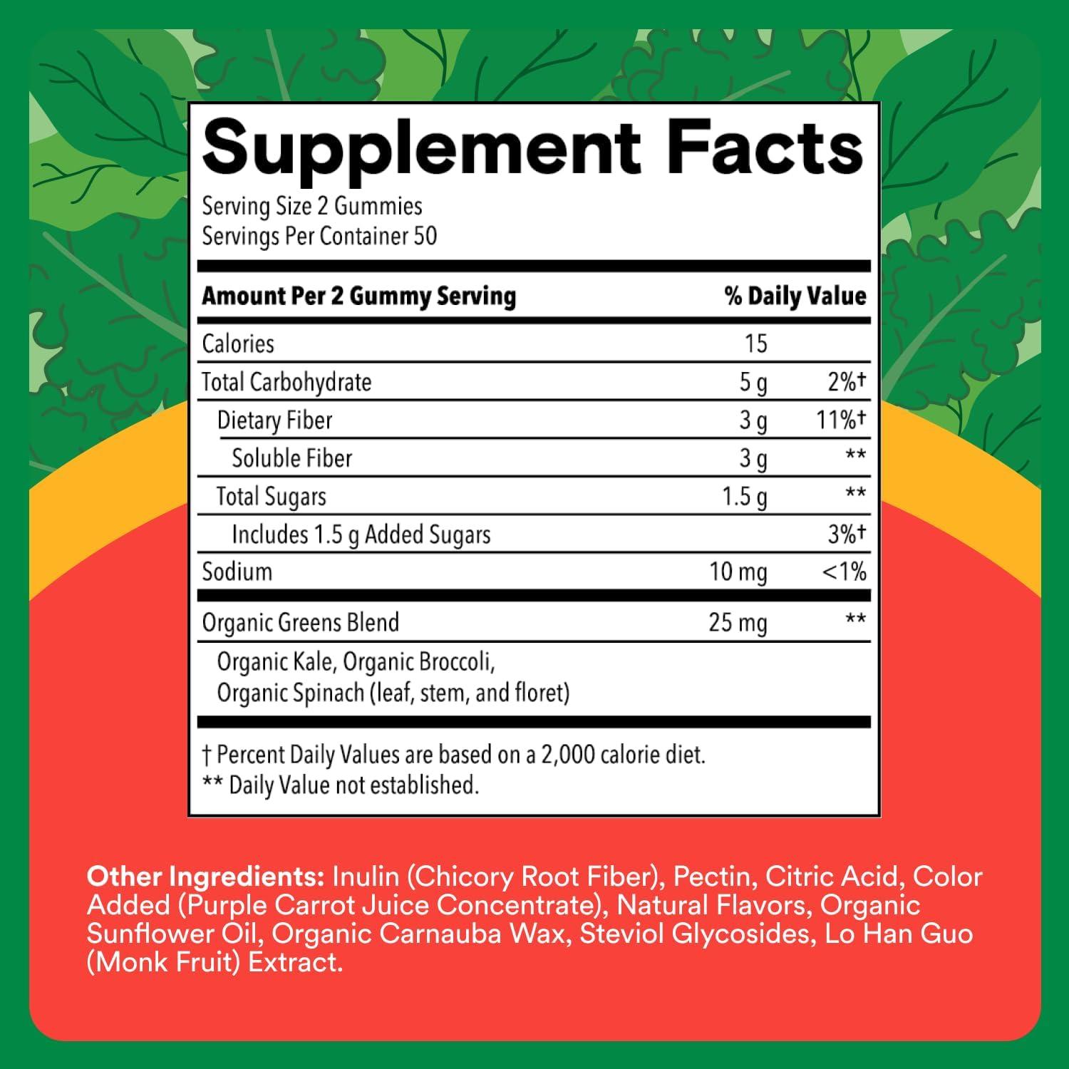 image:imageSmartyPants Kids Fiber amp Veggies Prebiotic Fiber Gummies for Kids Fiber Supplement with Inulin Organic Green Veggie Blend Vegan Gluten Free Mixed Berry Flavor 60 Count 30 Day SupplyFiber Veggies