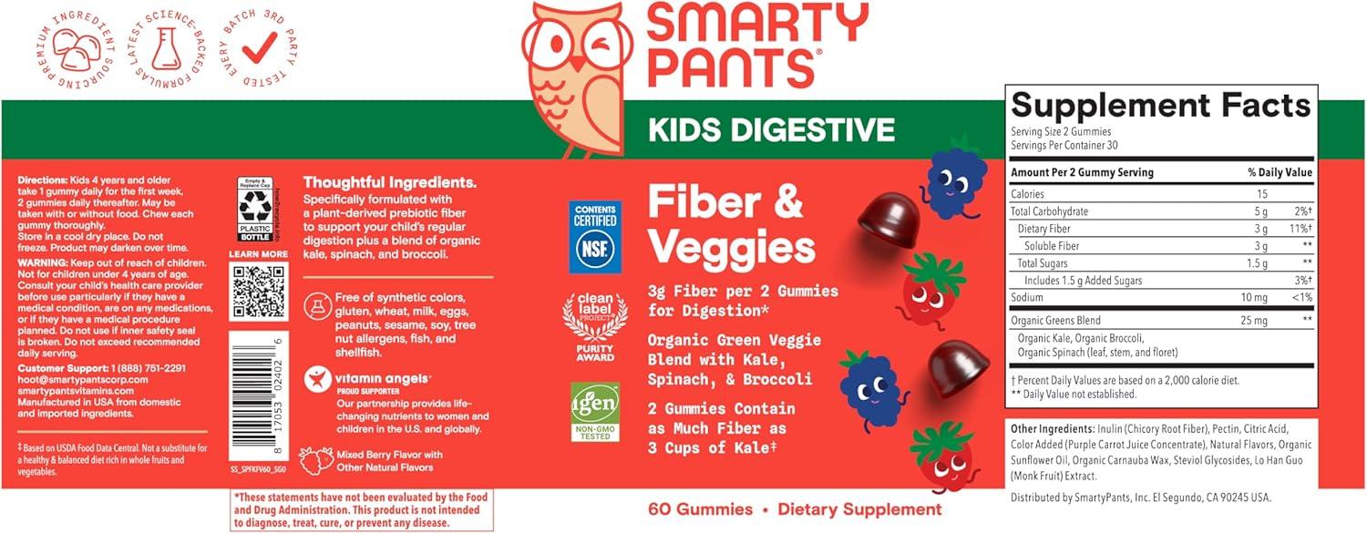image:imageSmartyPants Kids Fiber amp Veggies Prebiotic Fiber Gummies for Kids Fiber Supplement with Inulin Organic Green Veggie Blend Vegan Gluten Free Mixed Berry Flavor 60 Count 30 Day SupplyFiber Veggies