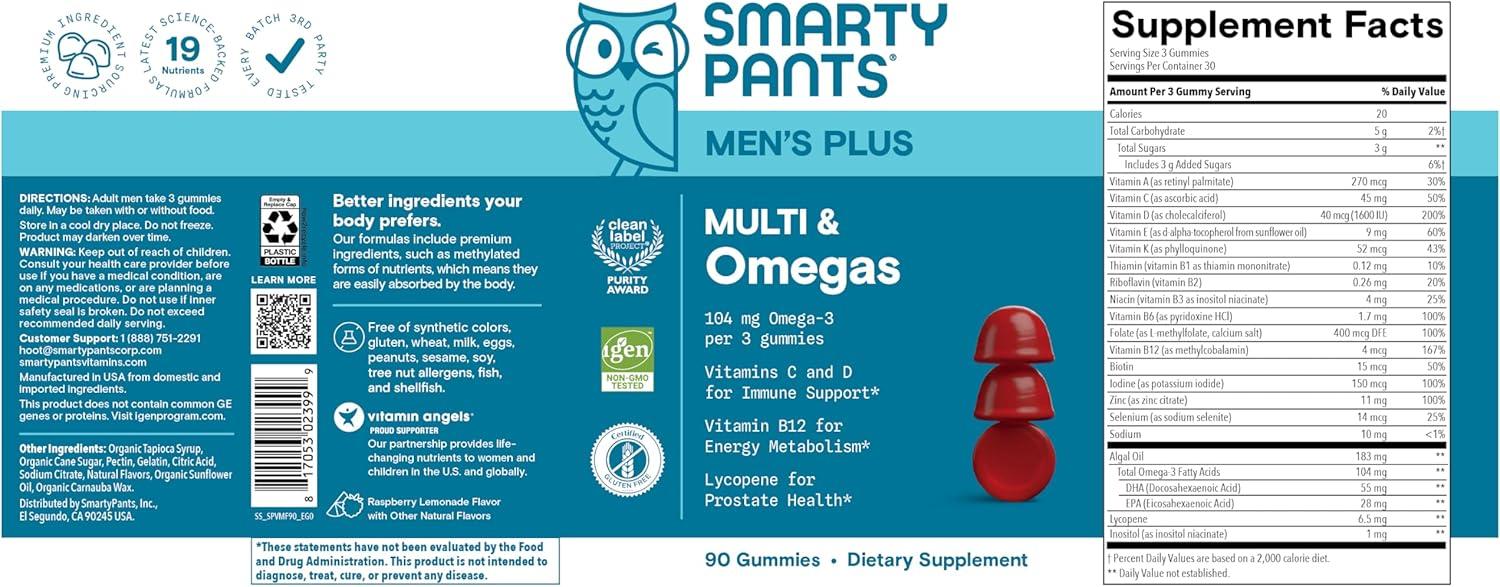 image:imageSmartyPants Multivitamin for Men Organic Gummies Methylfolate Omega 3 ALA Vitamin D3 C Vitamin B12 B6 A K amp Zinc for Immune Support Biotin Vegetarian 120 Gummies 30 Day SupplyMixed Fruit