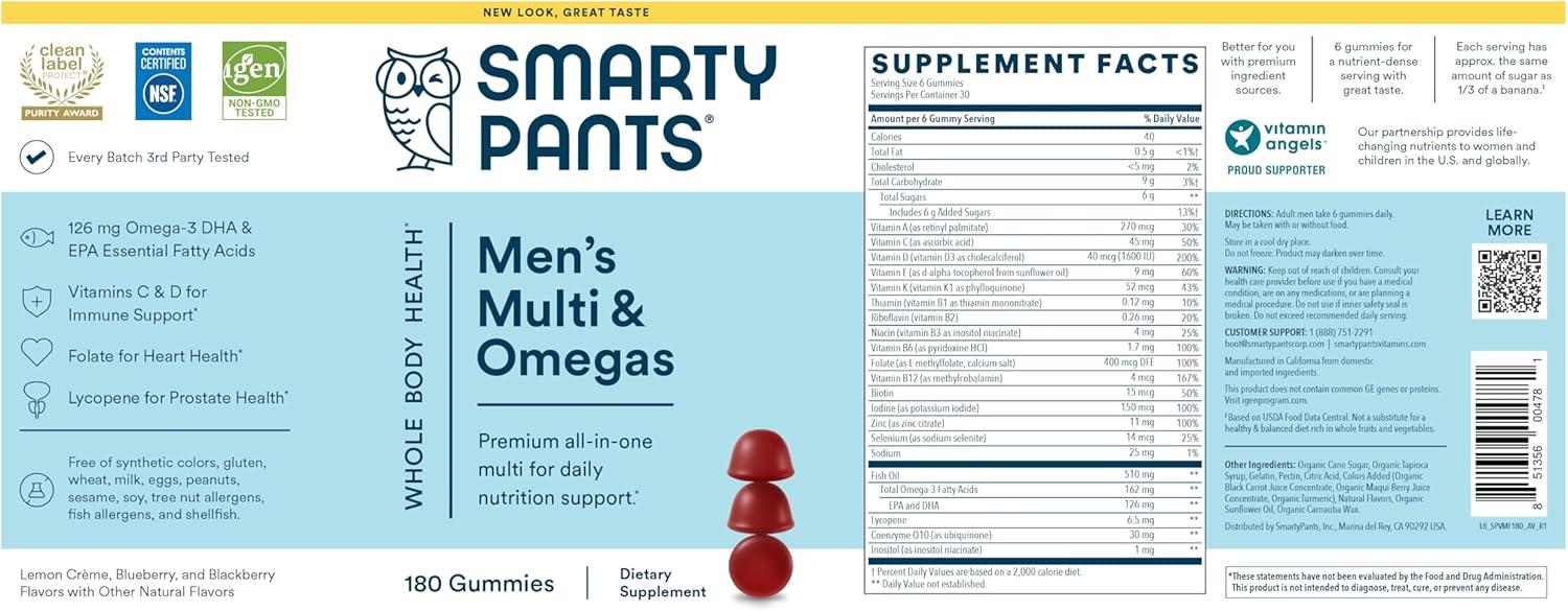 image:imageSmartyPants Multivitamin for Men Organic Gummies Methylfolate Omega 3 ALA Vitamin D3 C Vitamin B12 B6 A K amp Zinc for Immune Support Biotin Vegetarian 120 Gummies 30 Day SupplyMixed Fruit