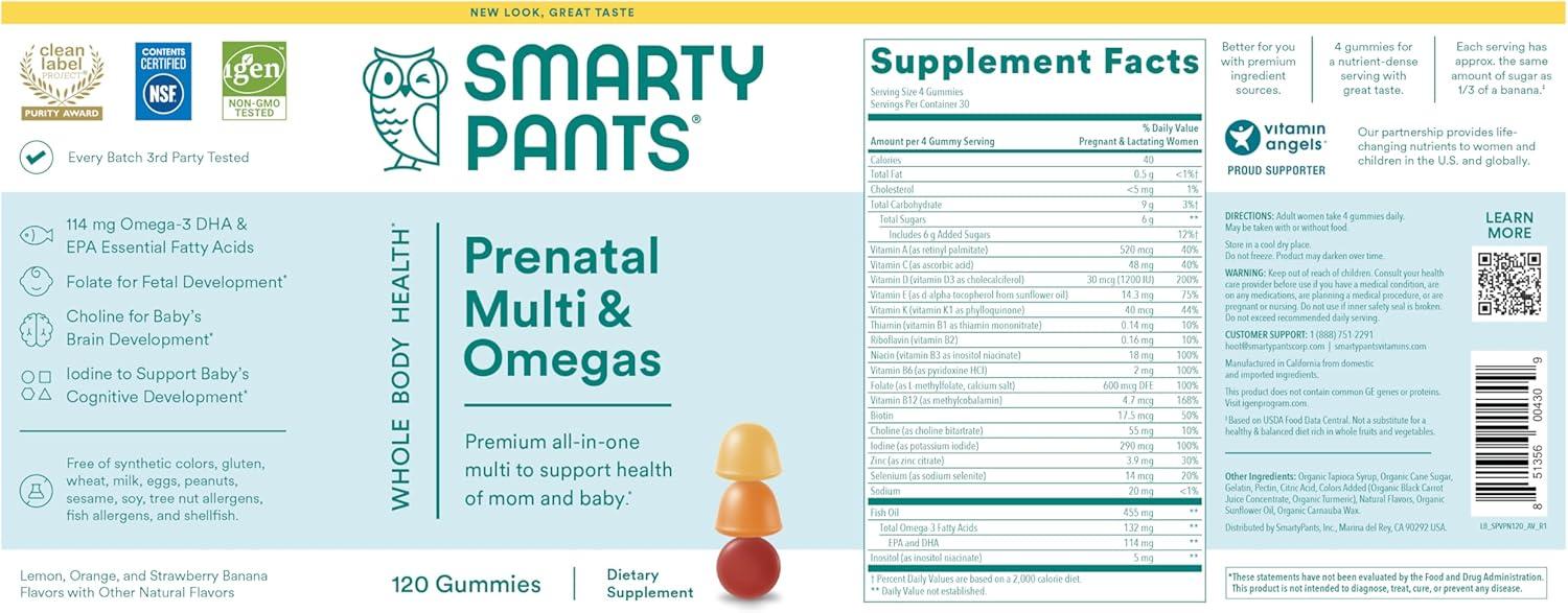 image:imageSmartyPants Prenatal Multivitamin Gummies Omega 3 DHAEPA Methylfolate Biotin Vitamin D3 C Vitamin B12 B6 Vitamin A K amp Zinc Gluten Free 120 Count 40 Day SupplyOld 30 Day Supply