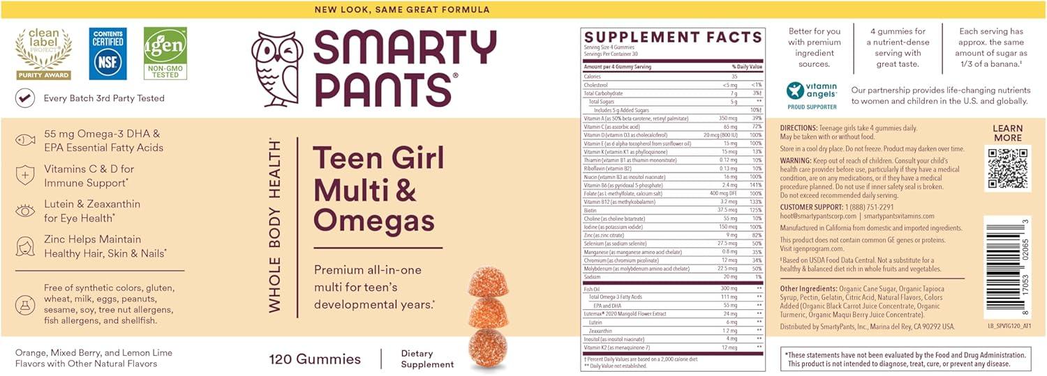 image:imageSmartyPants Teen Girl Multivitamin Gummies Omega 3 DHAEPA Vitamin C D3 B12 Vitamin A K amp Zinc Biotin to Support Hair Skin amp Nails Gluten Free 60 Count 30 Day Supply120 Count Pack of 1