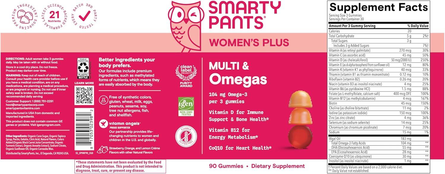 image:imageSmartyPants Womens Multivitamin Gummies Omega 3 DHAEPA Methylfolate CoQ10 Vitamin D3 C B12 B6 A K Zinc Three Fruit Flavors 90 Count 30 Day SupplyNew 30 Day Supply