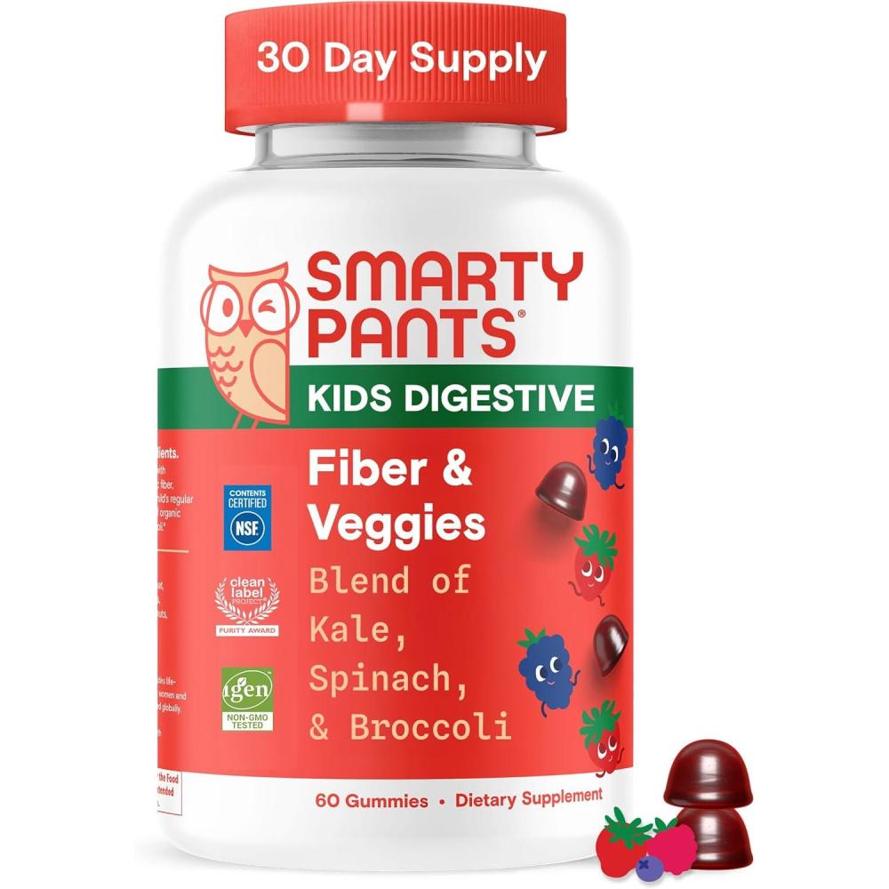 image:imageSmartyPants Kids Fiber amp Veggies Prebiotic Fiber Gummies for Kids Fiber Supplement with Inulin Organic Green Veggie Blend Vegan Gluten Free Mixed Berry Flavor 60 Count 30 Day SupplyFiber Veggies