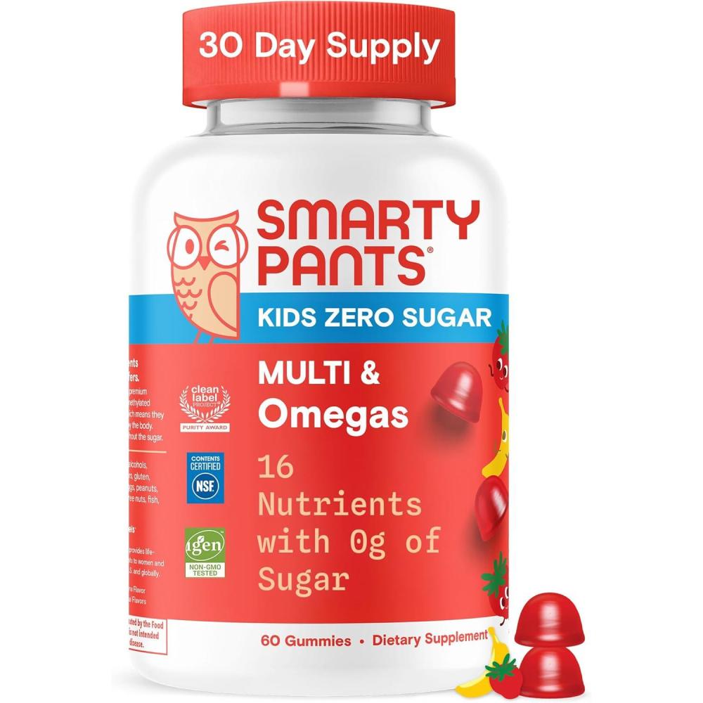 image:imageSmartyPants Kids Zero Sugar Multivitamin Gummies Omega3 Vitamins D C A PlantBased Gluten Free Strawberry Banana Flavor 60 Count 30 Day SupplyZero Sugar