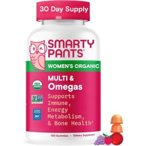 SmartyPants Organic Women’s Multivitamin Gummies: Biotin, Methylfolate, Omega 3 (ALA), Vitamin D3, C, Vitamin B12, B6, A, K & Zinc, Inositol, Gluten Free, Vegetarian, 120 Count (30 Day Supply)(1 Count (Pack of 1))