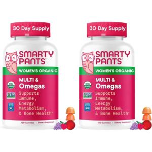 SmartyPants Organic Women’s Multivitamin Gummies: Biotin, Methylfolate, Omega 3 (ALA), Vitamin D3, C, Vitamin B12, B6, A, K & Zinc, Inositol, Gluten Free, Vegetarian, 120 Count (30 Day Supply)(1 Count (Pack of 2))