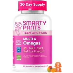 SmartyPants Teen Girl Multivitamin Gummies, Omega 3 (DHA/EPA), Vitamin C, D3, B12, Vitamin A, K & Zinc, Biotin to Support Hair, Skin & Nails, Gluten Free, 60 Count (30 Day Supply)(1 Count (Pack of 1))