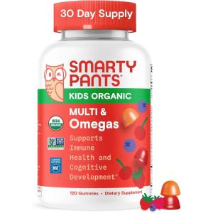 SmartyPants Organic Kids Multivitamin Gummies: Probiotics, Omega 3 (ALA), Vitamin D3, C, Vitamin B12, B6, A, K & Zinc for Immune Support, Biotin, Three Fruit Flavors, 120 Count (30 Day Supply)(1 Count (Pack of 1))